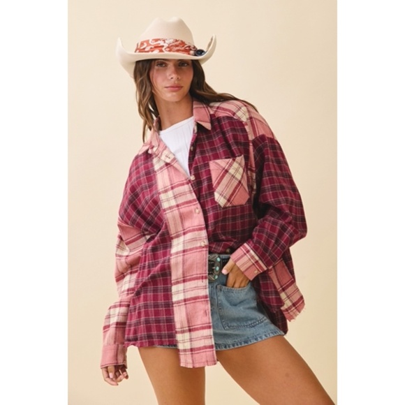 Pink Mauve Kambrie Button Down Plaid Patchwork Flannel Casual Shirt - Picture 1 of 8